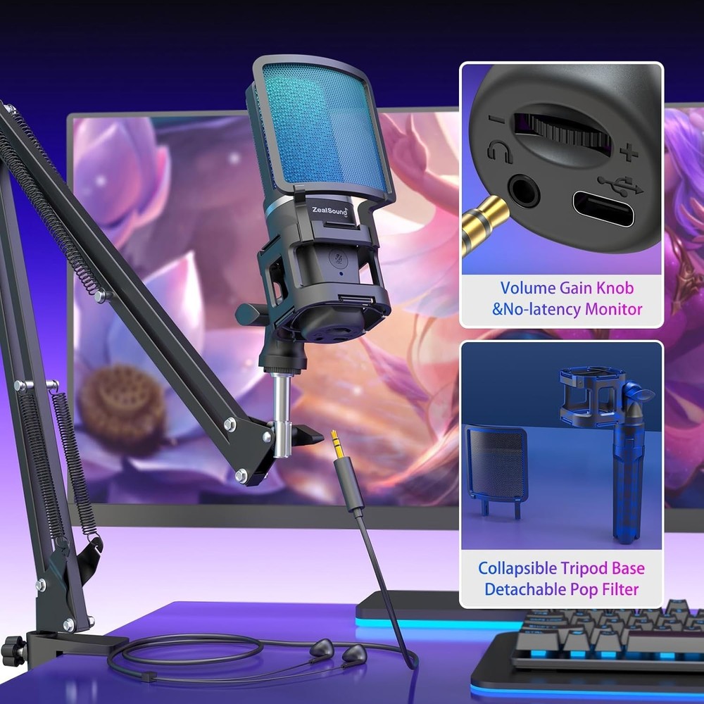 Professional USB Microphone for Streaming & Podcasting with Adjustable Boom Arm