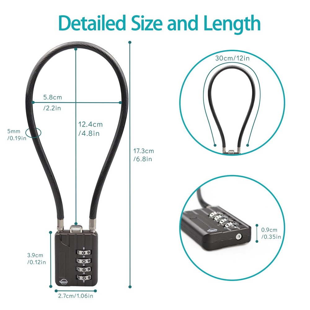 30CM/12in Long Cable Locks Cable 4-Digit Combination Lock Re-settable Combina...