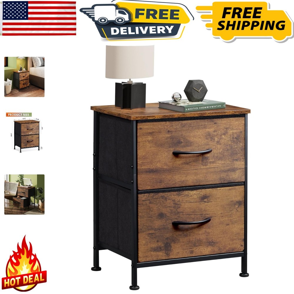 Rustic 2 Drawer Nightstand with Fabric Bins - Multi-Purpose Room Organizer