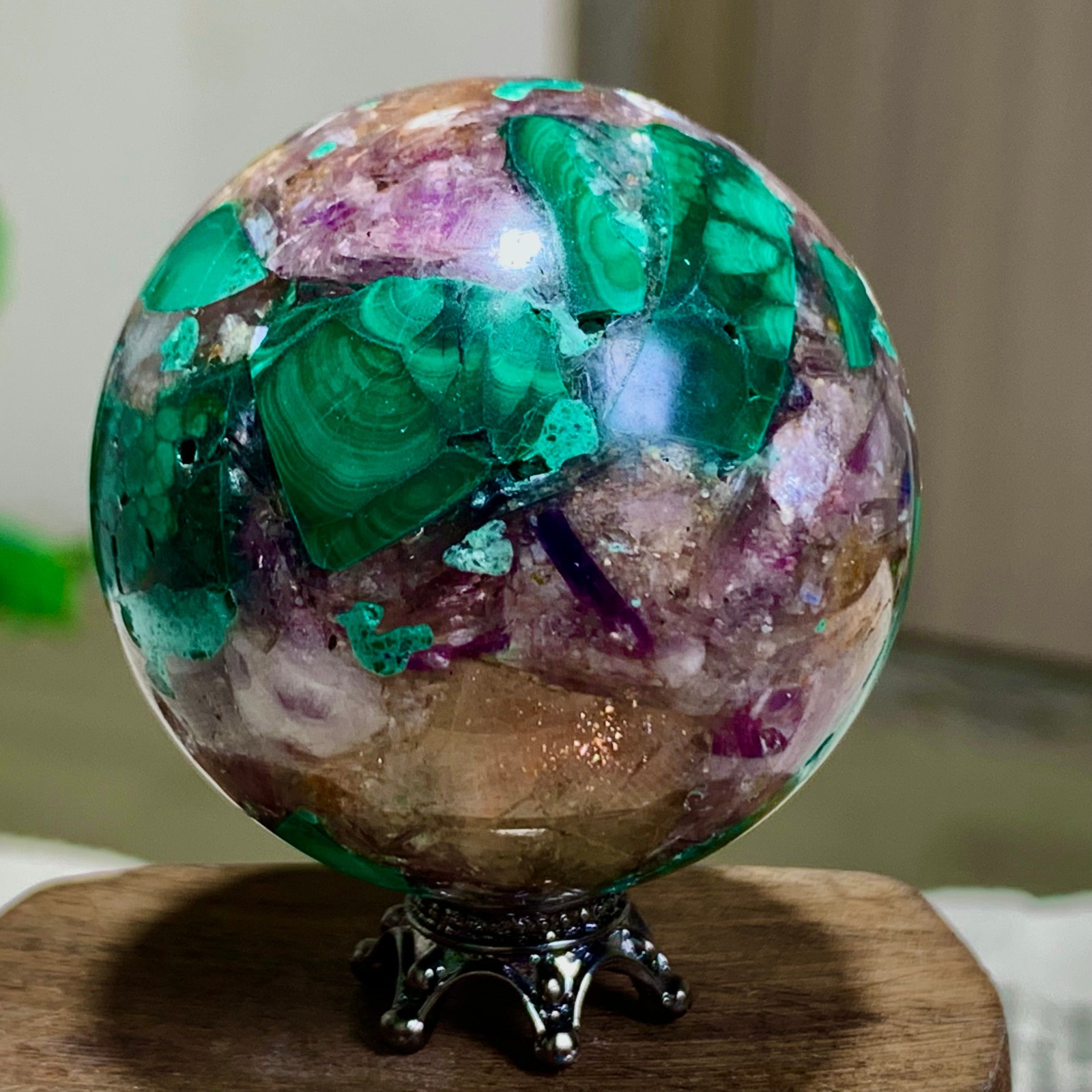 102G Newly discovered rare malachite purple mica symbiotic sphere restoration
