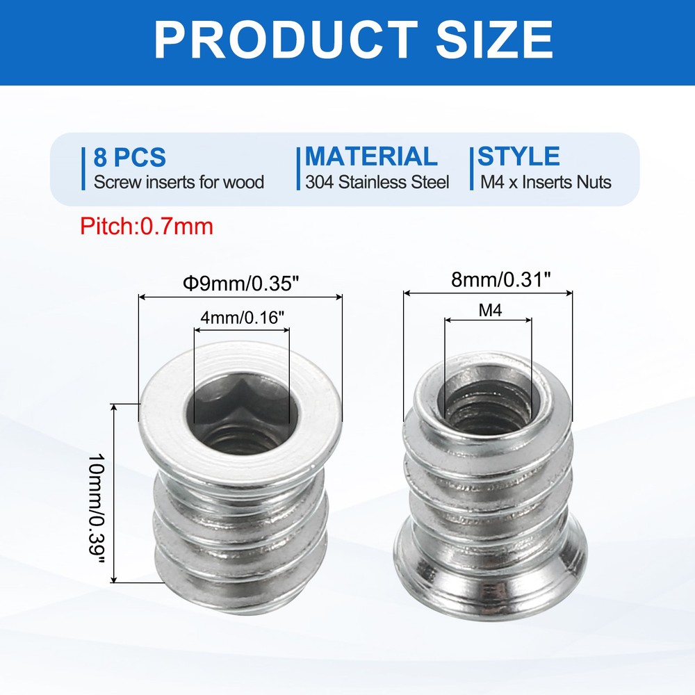 8Pcs Threaded Inserts Nuts, M4x10mm Hex Socket Drive Nut Inserts for Wood