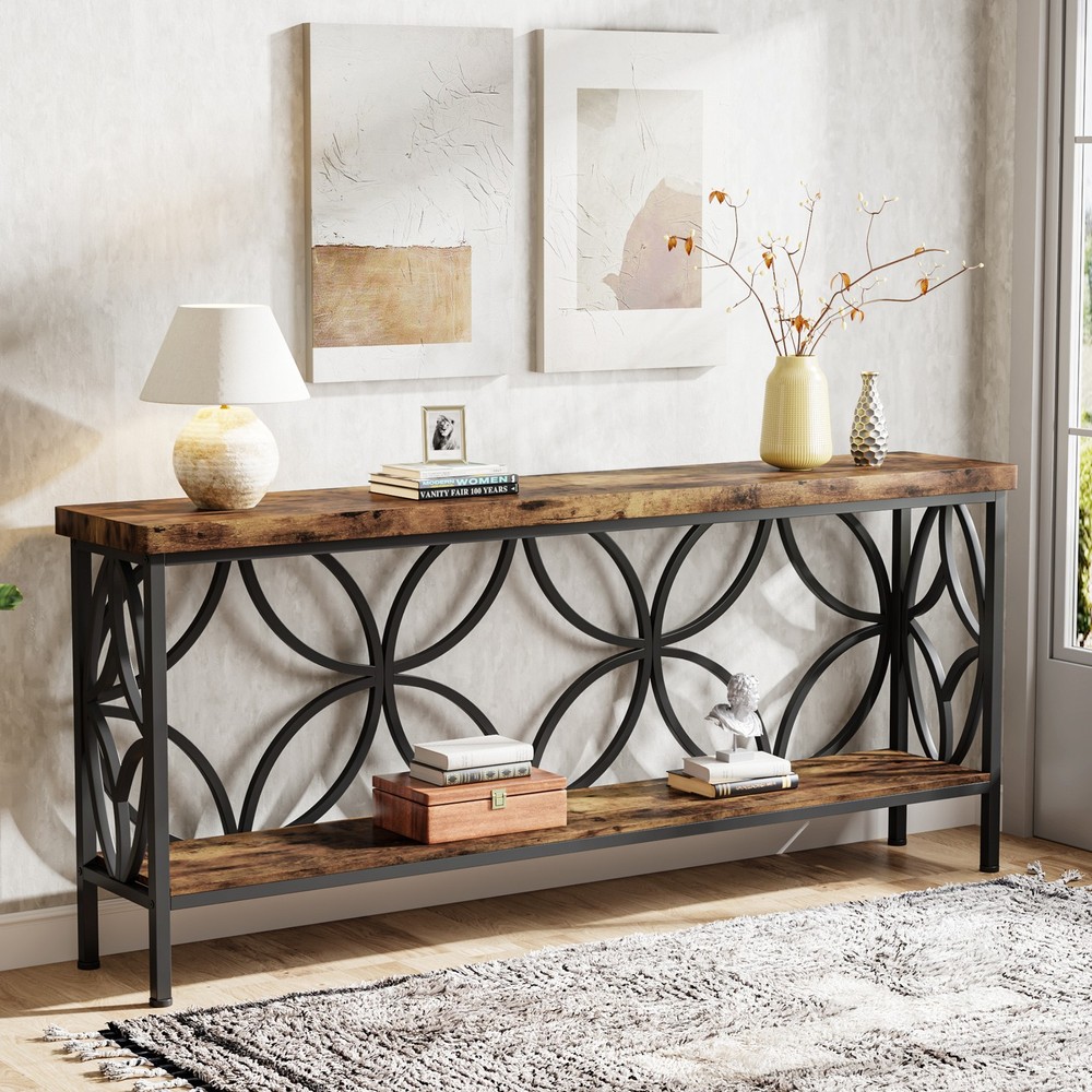 71'' Narrow Console Table, Industrial Long Sofa Table Behind Couch w/ Storage