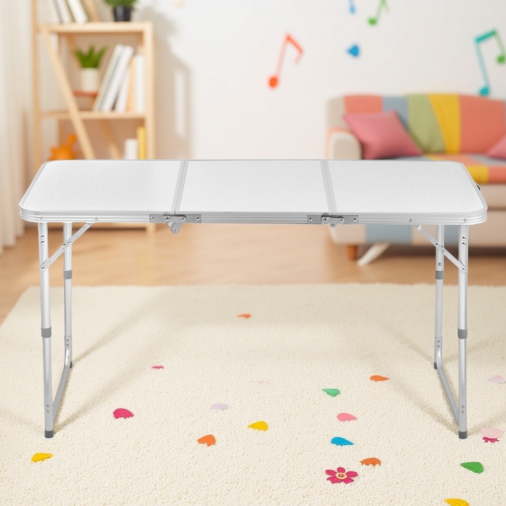 Folding Camping Table 4ft - Adjustable 3-Fold Patio Picnic Aluminum Frame White