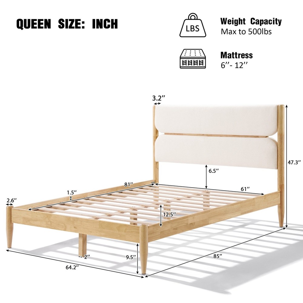 Queen/King Size Solid Wood Platform Bed Frame with Fleece Upholstered Headboard