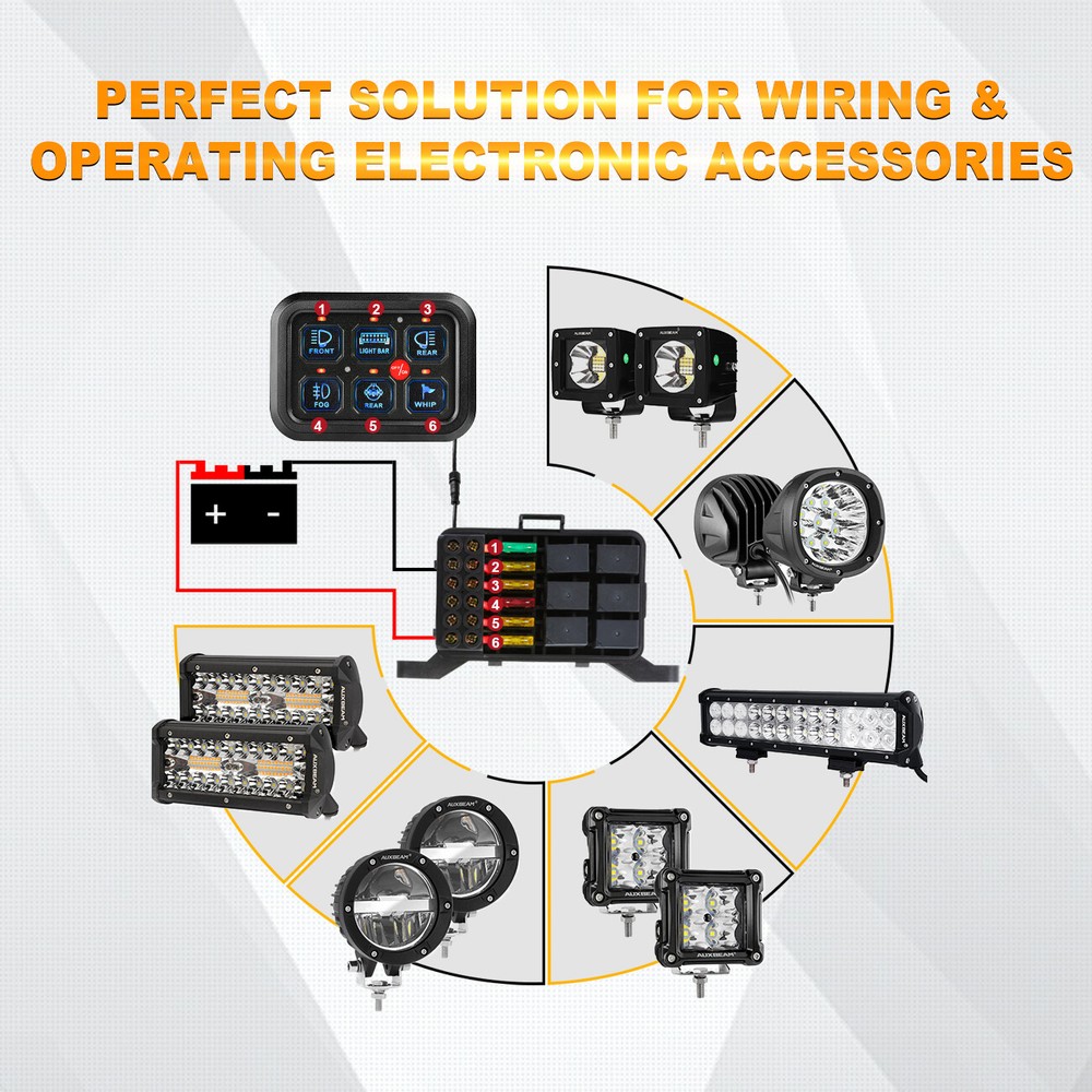Auxbeam 6 Gang Switch Panel BC60 Universal Circuit Control Relay System Blue UTV