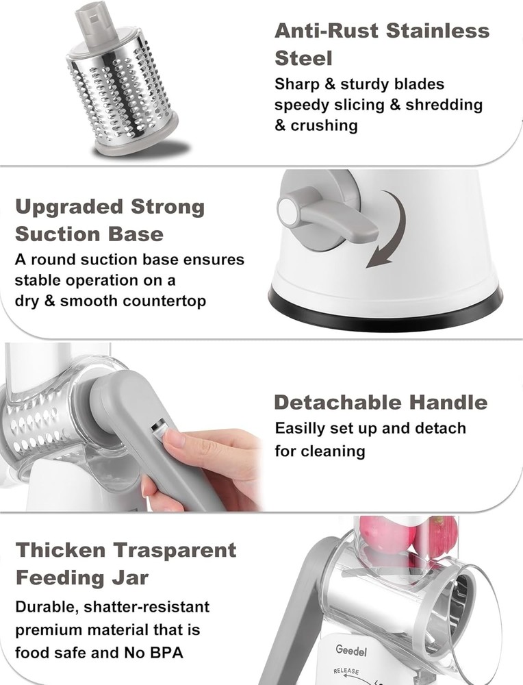 Rotating cheese grater with 5 interchangeable blades—