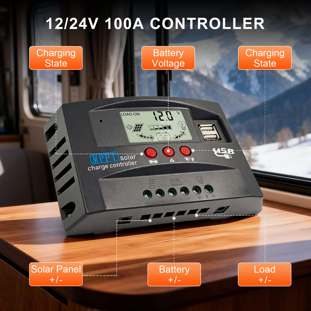 MPPT Solar Charge Controller 100A 12V/24V Auto LCD&USB Intelligent Regulator US