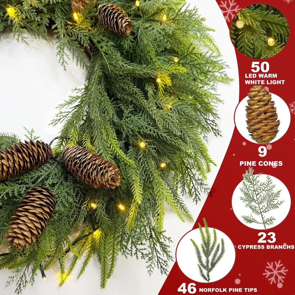 24 Inch Large Christmas Wreath with 50 LEDs Lights Timer 8 Modes, Thick & Sof...