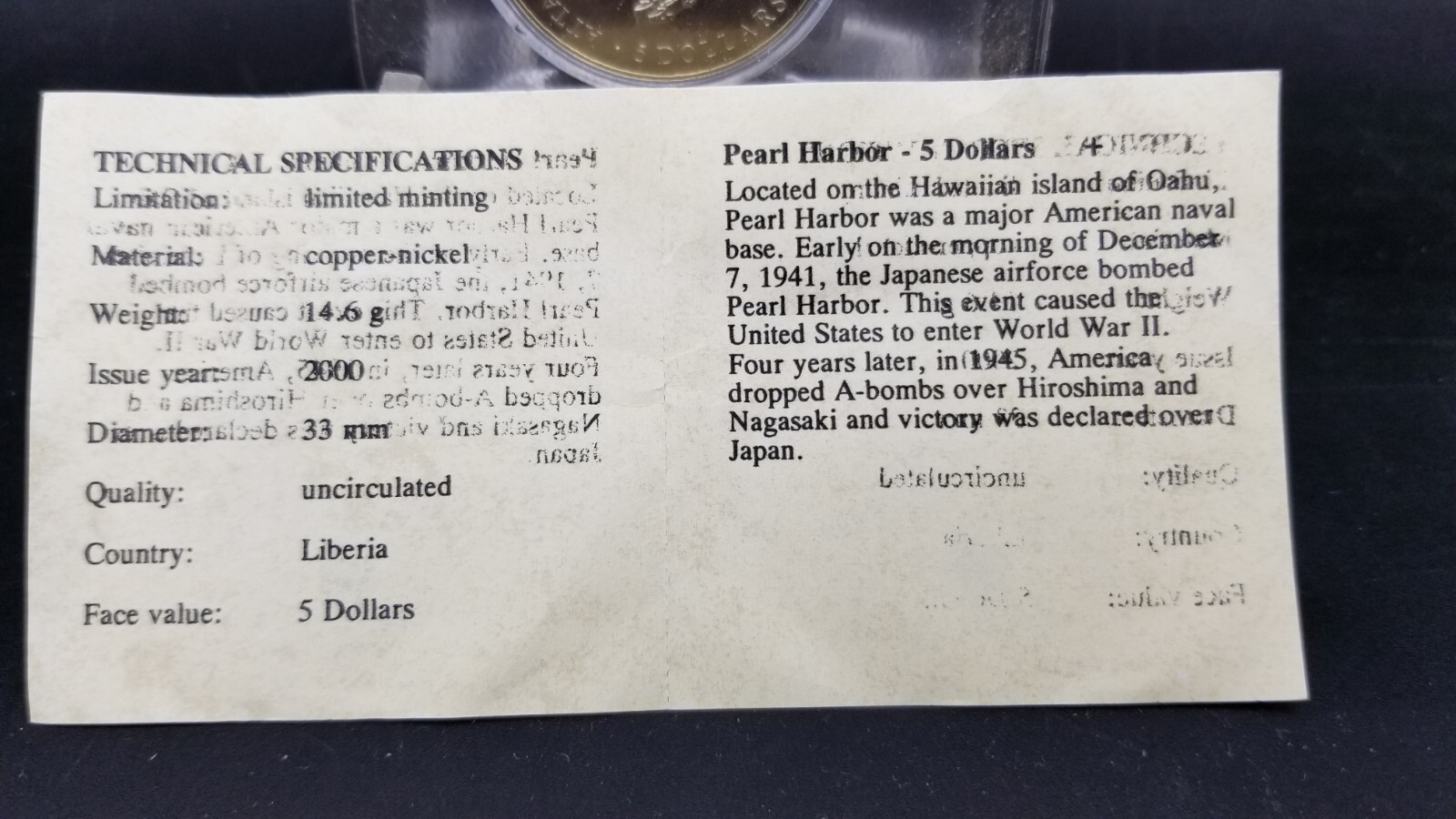 2000 Liberia 5 Dollars Attack on Pearl Harbor Uncirculated BU Coin #12151