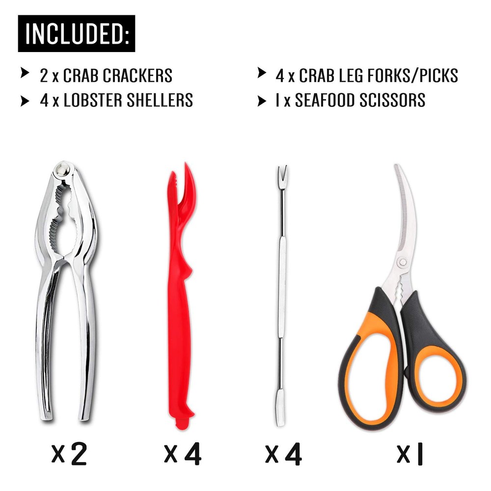 4-Person Seafood Tools Set includes 2 Crab Crackers, 4 Lobster Shellers, Rust