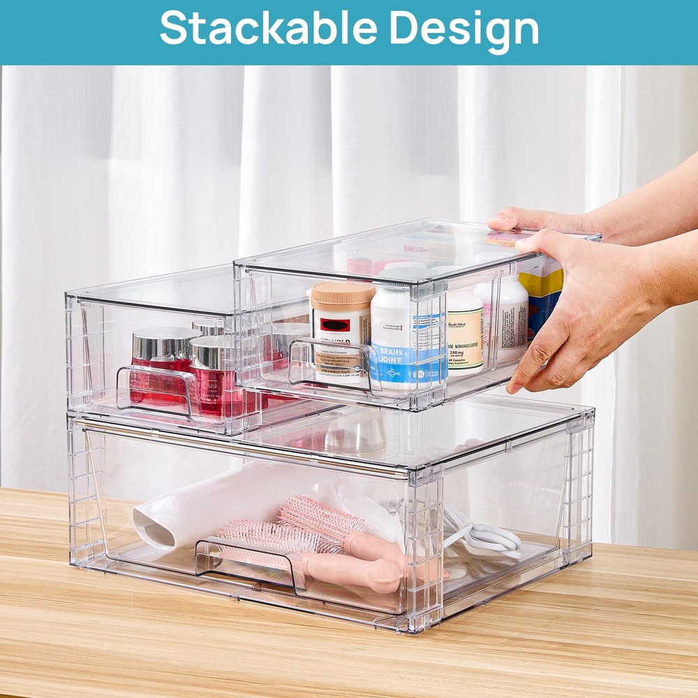 Vtopmart 3 Pack Stackable Storage Drawers, Easily Assemble Acrylic clear