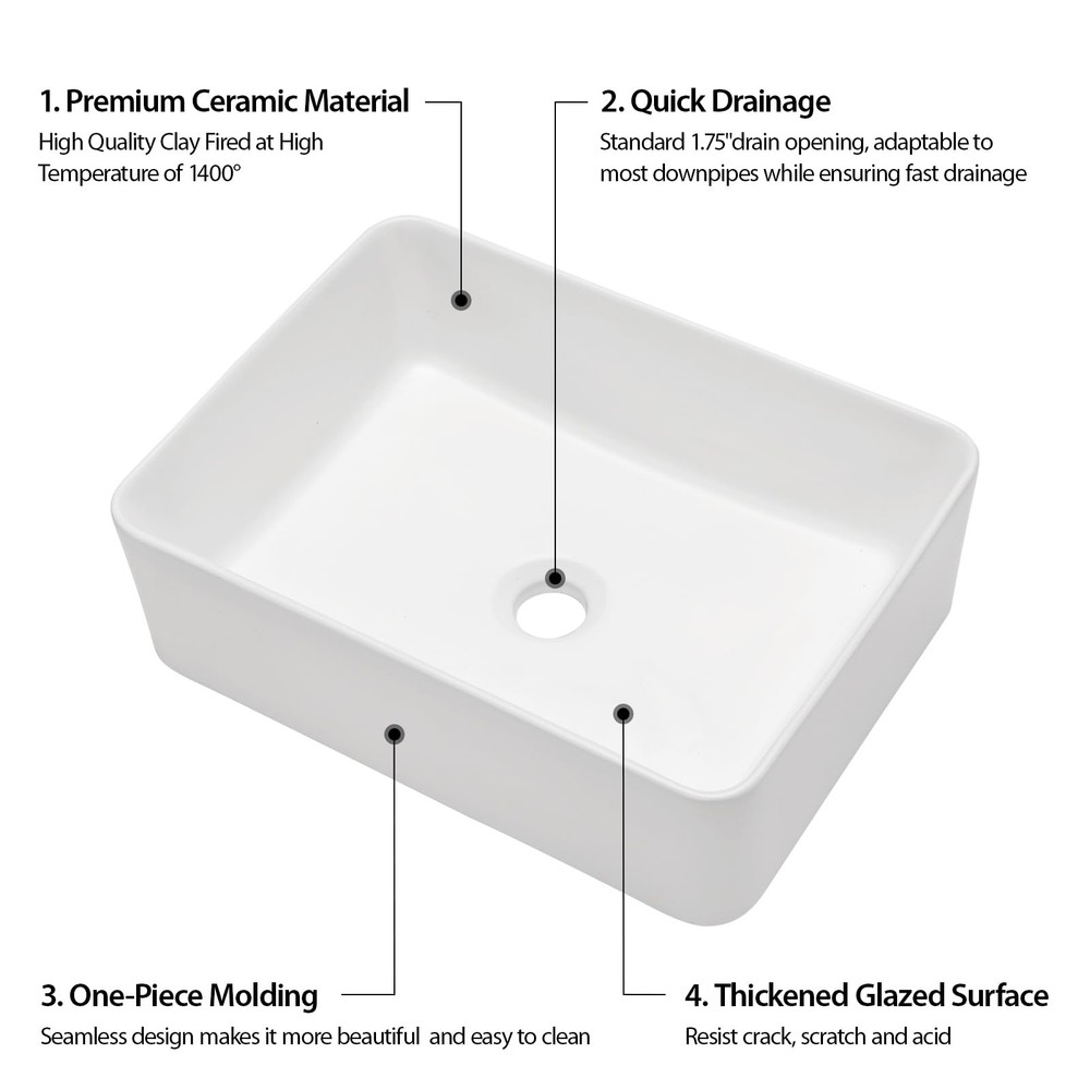 GhomeG Rectangular Bathroom Vessel Sink 21"x14" Rectangle 21"x14", White