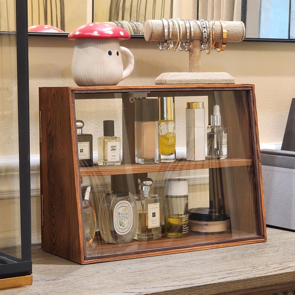 Wood & Glass Display Case W/ Double Doors Adjustable 2-Level Collection Display