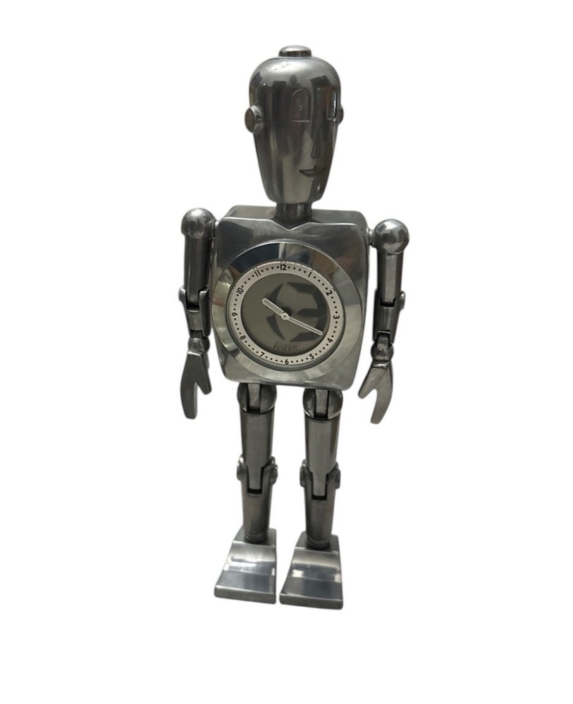 Fossil Stan BIG TIC Robot Man Silver Clock 6” Tall