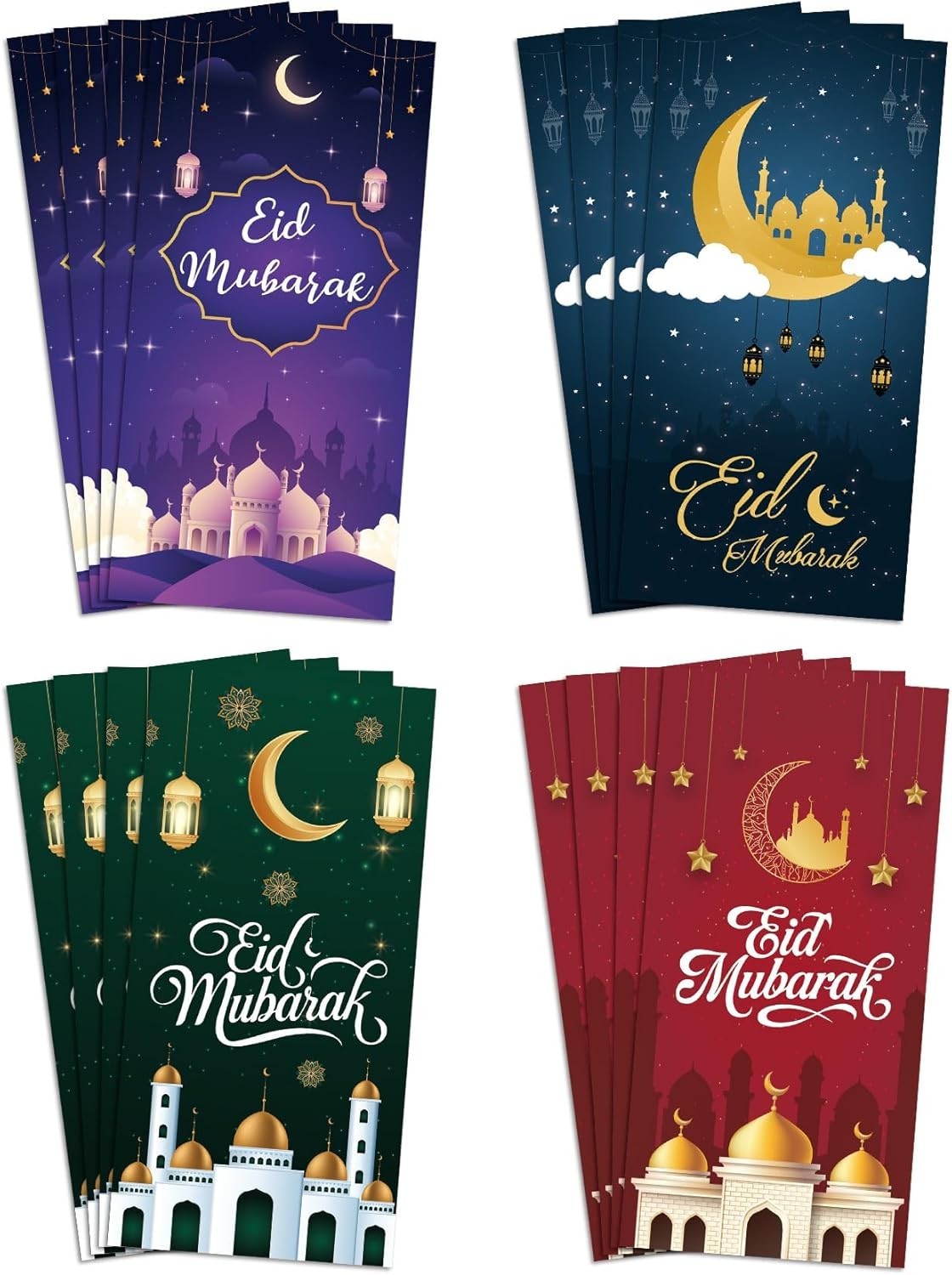 16 Pcs Eid Mubarak Cards with Envelopes, Ramadan Greeting Cards Bulk, 4 Designs
