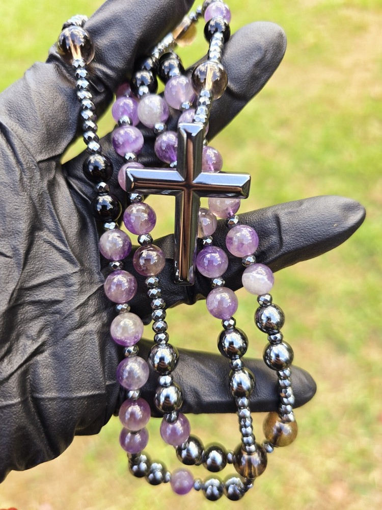 Rosary Natural Crystal Beads , Beautiful Hematite Cross ✝️