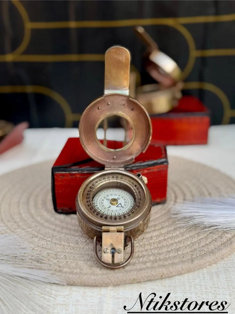 Vintage Solid Brass WWII Military Pocket Compass with Leather Case