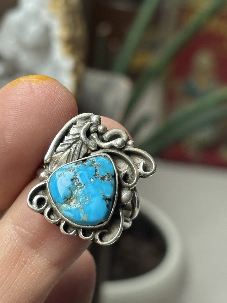 Sterling Silver Turquoise Ring Oval Boho Native Navajo Size 7 won11