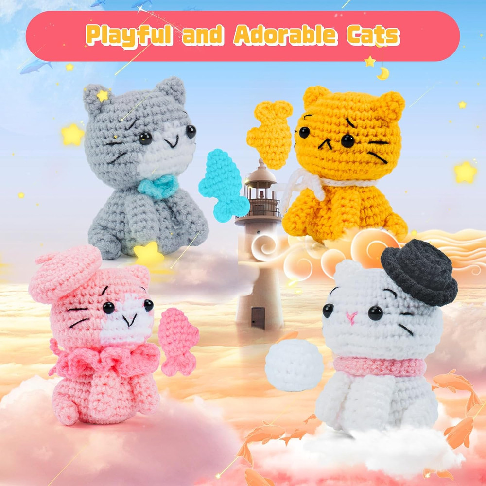 Crochet Kit for Beginners - Cat Crochet Kit with Step-By-Step Video Tutorials, L