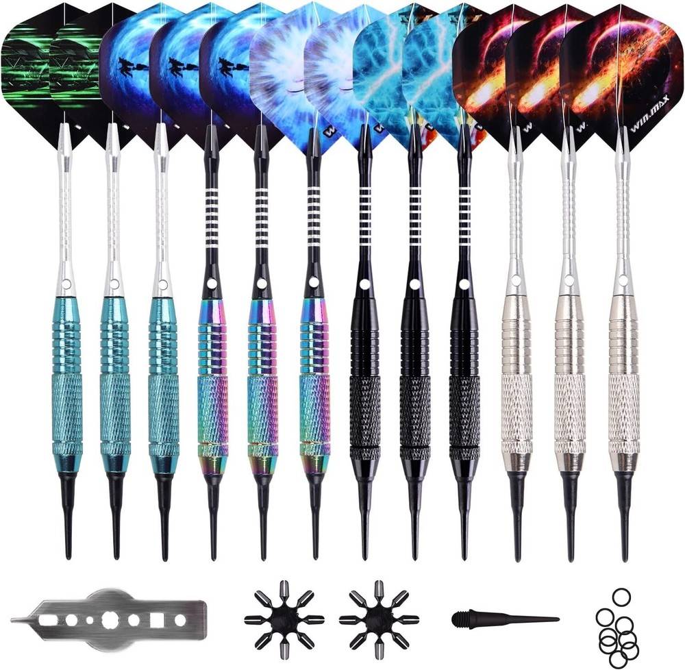 Premium 12-Piece Soft Tip Darts Set with 100 Extra Tips & Unique Flight Designs