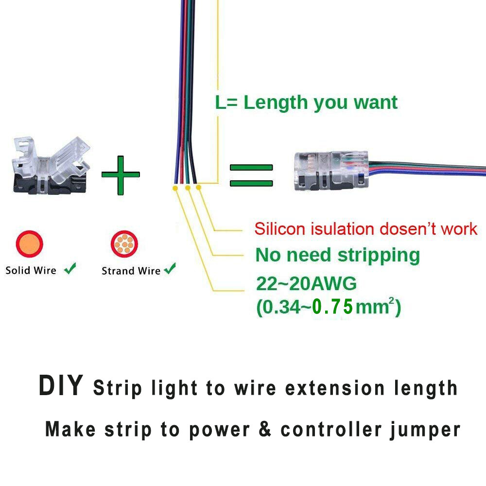 10PCS RGB LED Connector 4 Pin for LED Strip Light with 16ft/5M Extension Cable