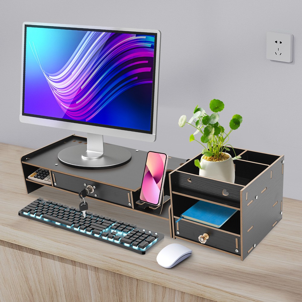 Monitor Stand Riser W/ Storage Organizer & Lock Drawer for Home Office Computer