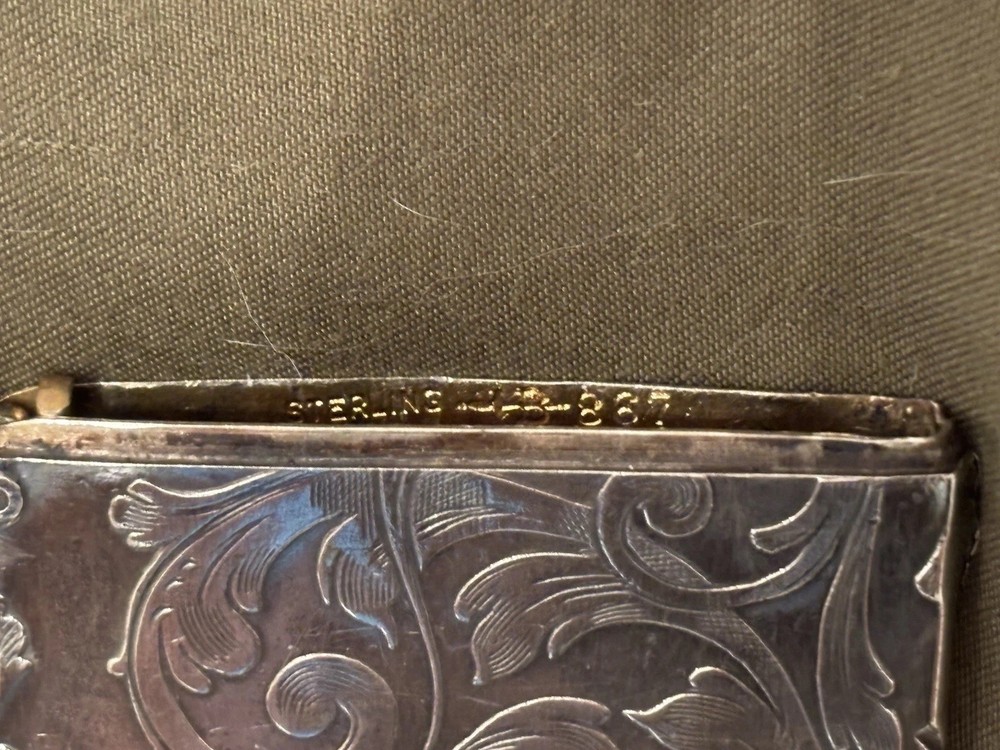 STERLING VICTORIAN CURVED HINGED CALLING CARD CASE W/ ELABORATE ETCHING