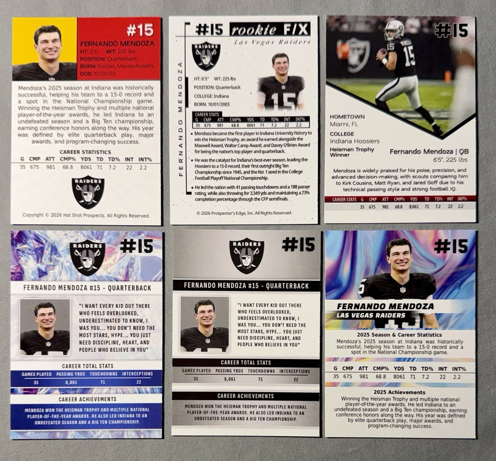 Fernando Mendoza 2026 NFL Draft Rookie Custom Cards Las Vegas Raiders Lot Of 6