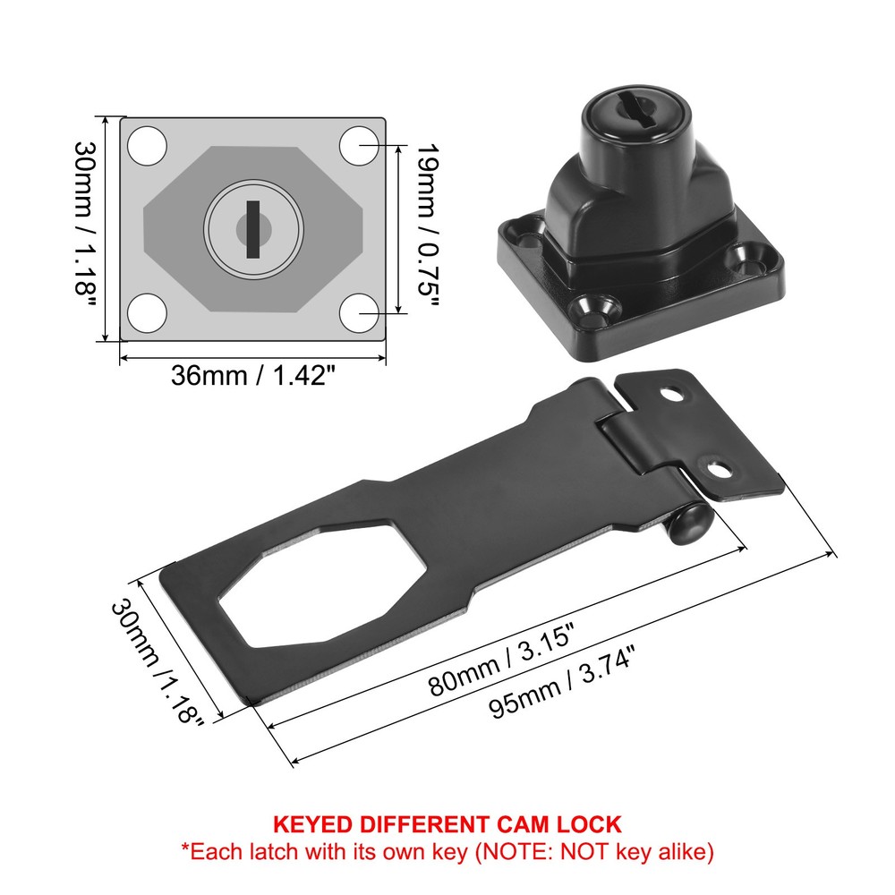 3Inch Keyed Hasp Locks Twist Knob Locking Keyed Different, Black