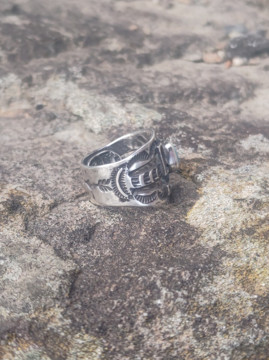 Handmade Indian Swastika Ring Turquoise Stampwork Jewelry Used From Japan