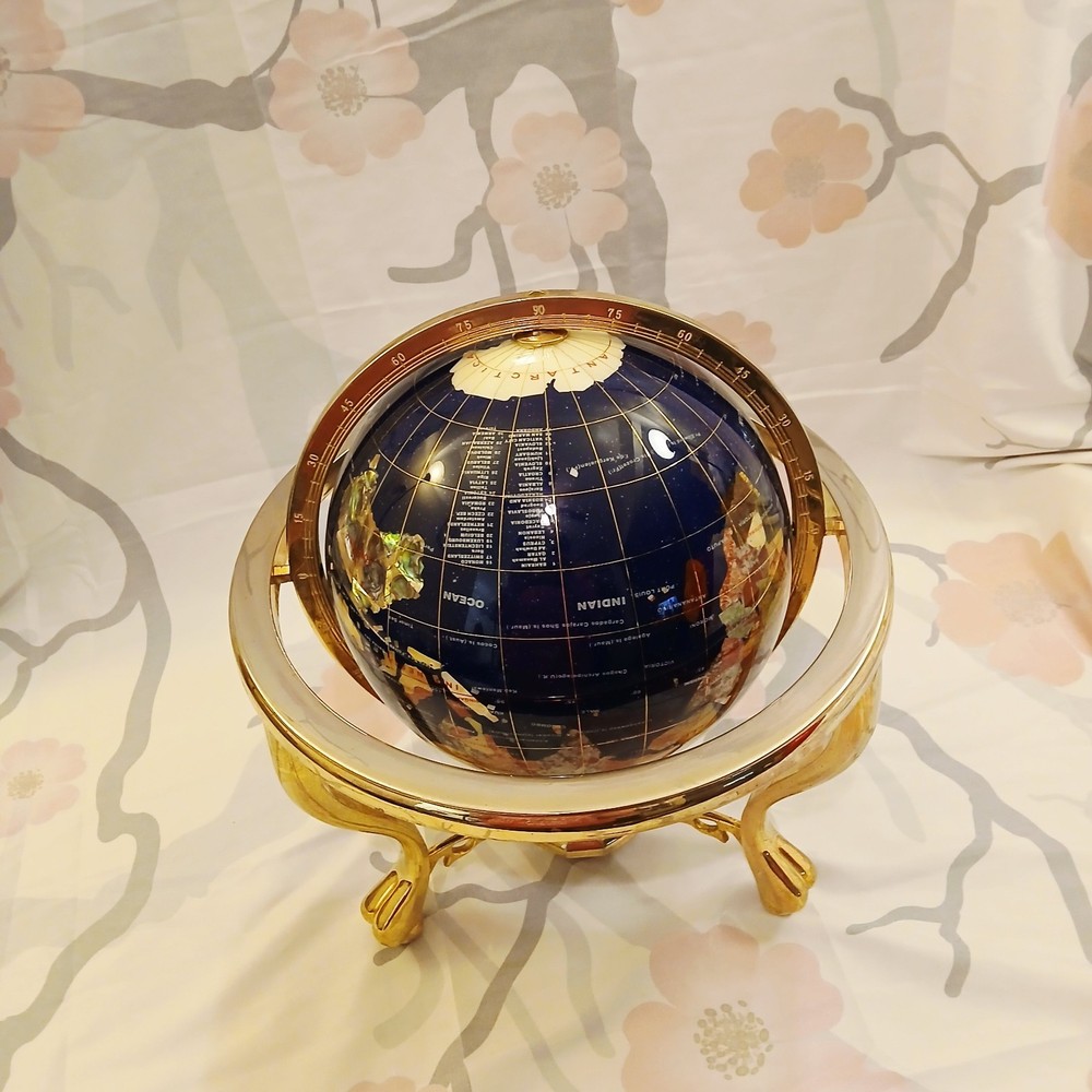 Blue Lapis Gemstone World Globe with Brass Stand and Compass