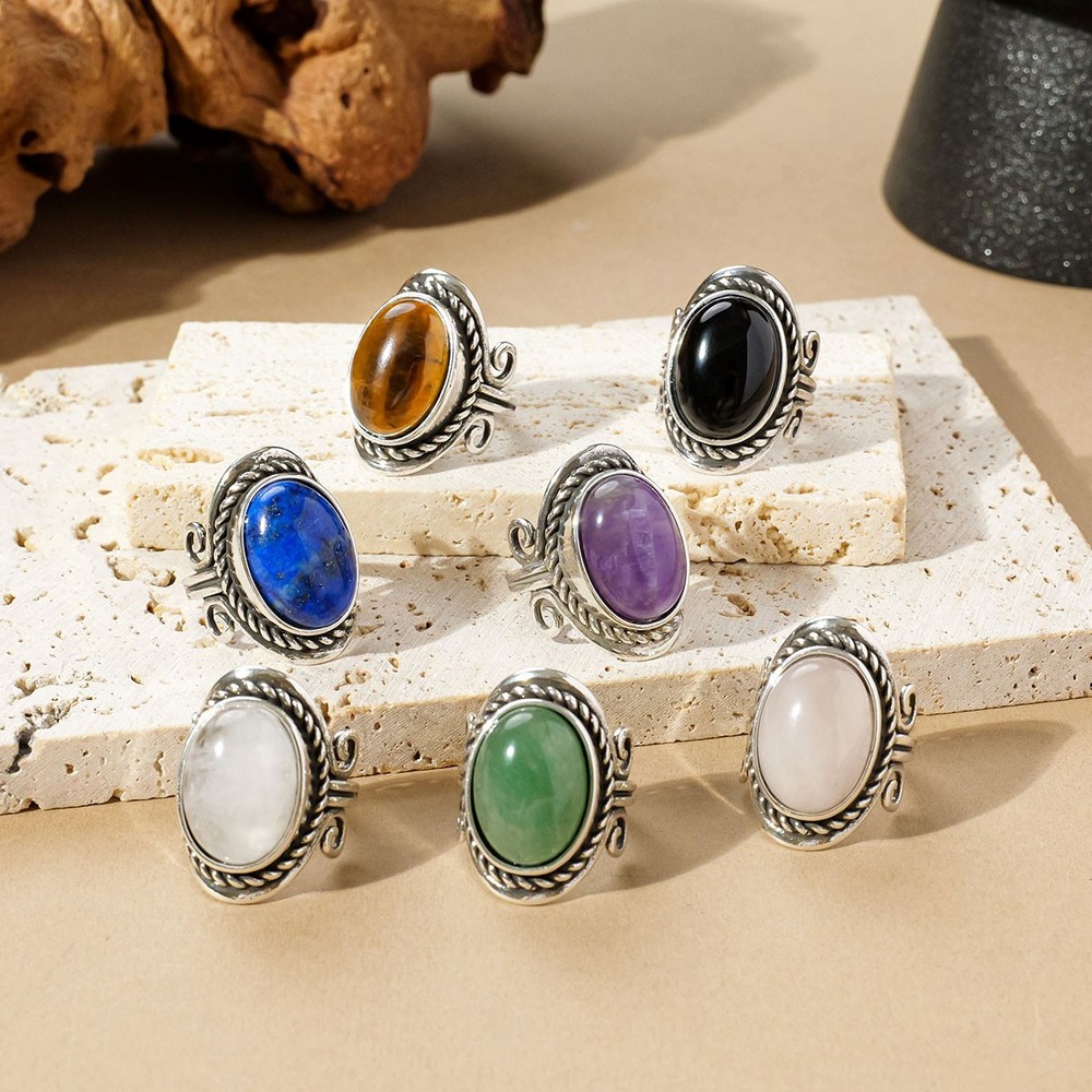 7Pcs Boho Vintage Gemstone Ring Set Antique Silver Healing Crystal Adjustable