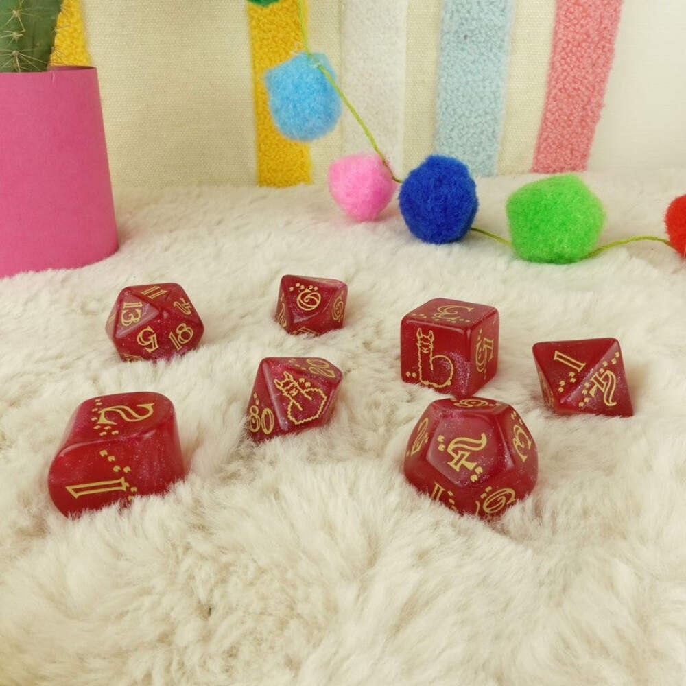 Q-WORKSHOP Puffy Llama Dice Set 7pc Shimmer Raspberry Glitter RPG DND