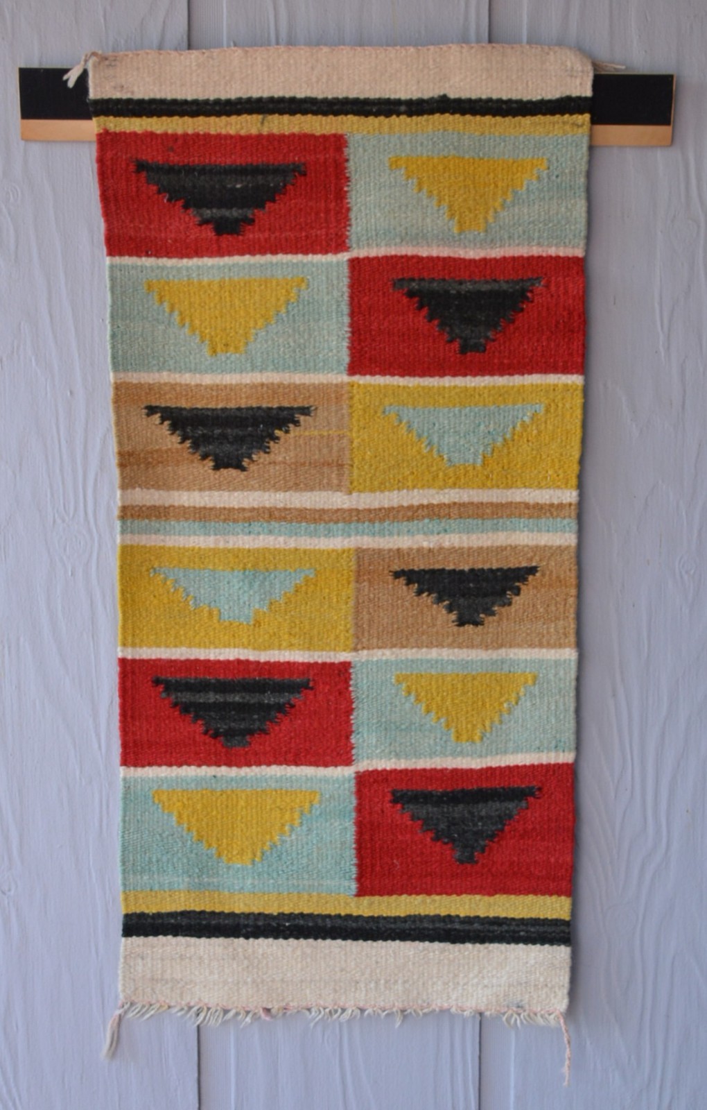 Unique Old Navajo Rug - Optical Design in Turquoise Yellow Red Black - 39" x 19"