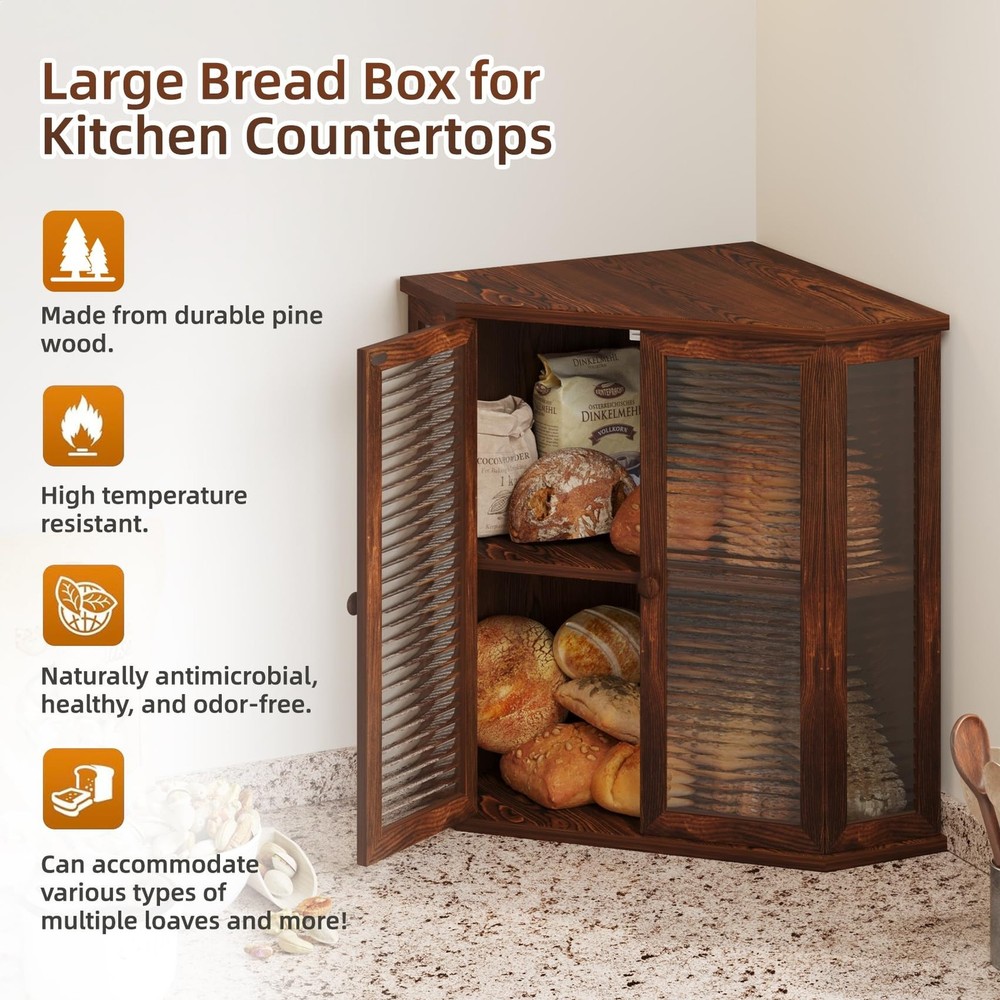 Extra Large Corner Bread Box for Kitchen Countertop, 16.5 Inch Charred Pine 2...