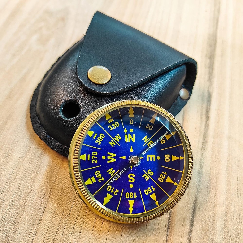 Maritime Treasures Brass Pocket Compass Navigation tool with  Leather Case