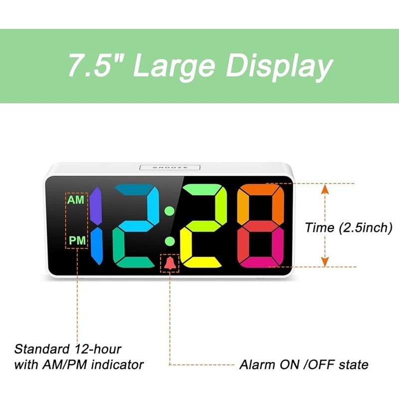 Rainbow Digital Alarm Clock Adjustable Brightness USB Charging Snooze Function