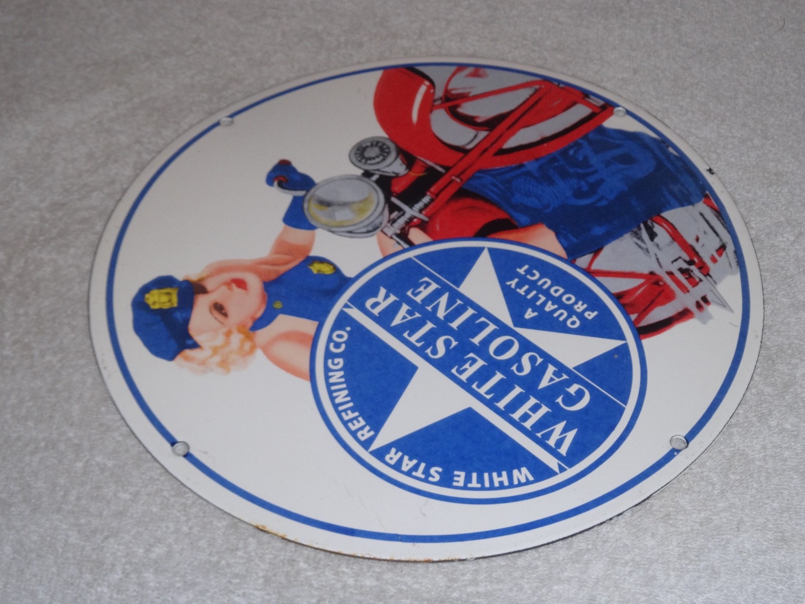 VINTAGE WHITE STAR GASOLINE "WOMAN ON MOTORCYCLE" 12" PORCELAIN METAL MOBIL SIGN
