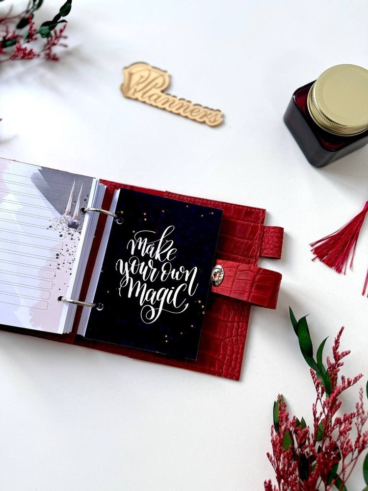 Mini red leather notebook-wallet cover A7 Big rings mini wallet. Mini Planner.