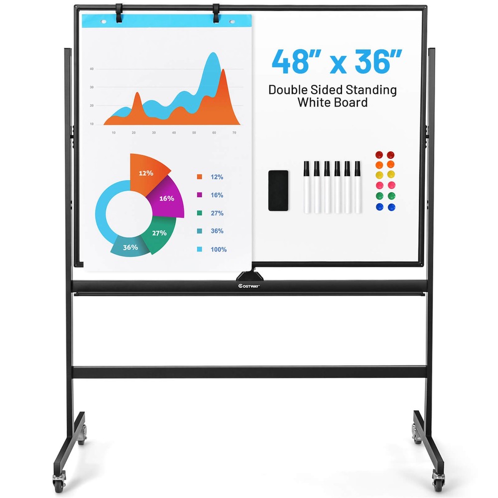 Costway Height Adjust 48"x36" Mobile Magnetic Double-Sided Reversible Whiteboard