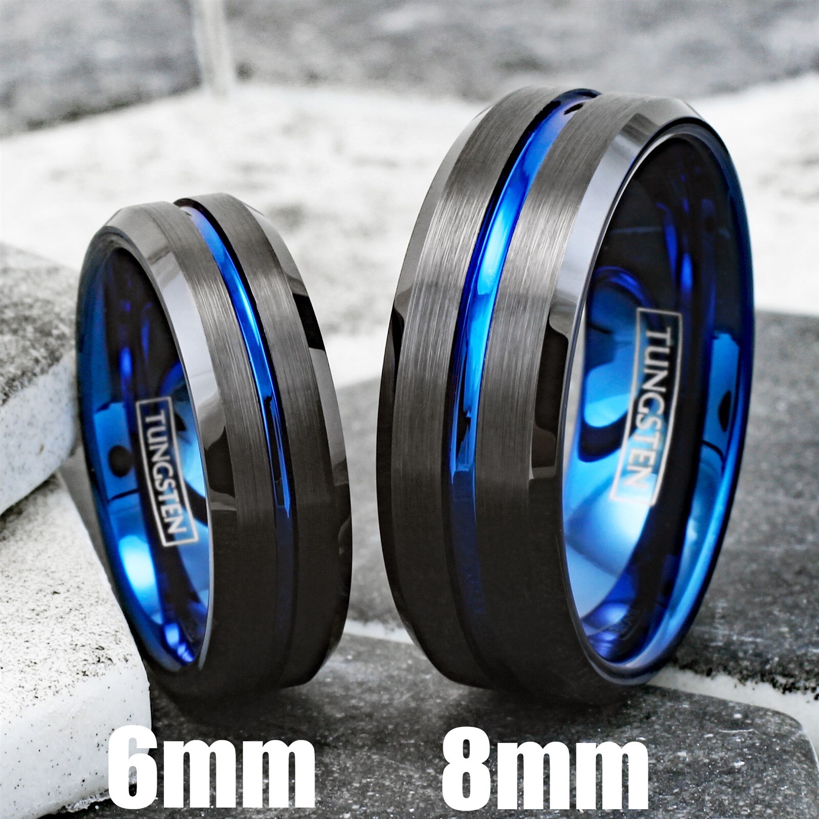6/8mm Tungsten Carbide Men's Ring Thin Blue Line Black Brushed Wedding Band