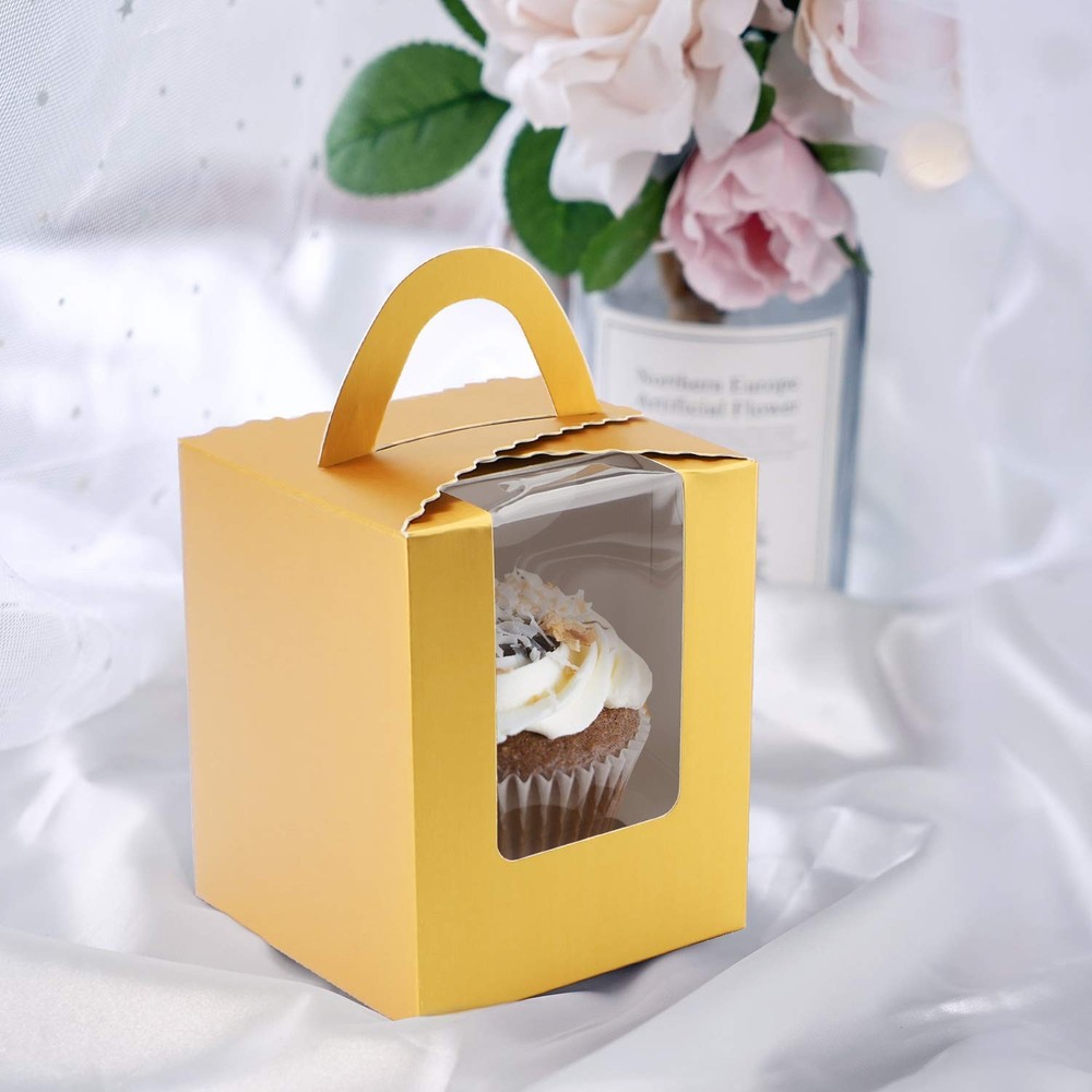 Gold Cupcake Boxes 25pcs 3.6"x 4.3"Single Carrier with Window Insert and Handle
