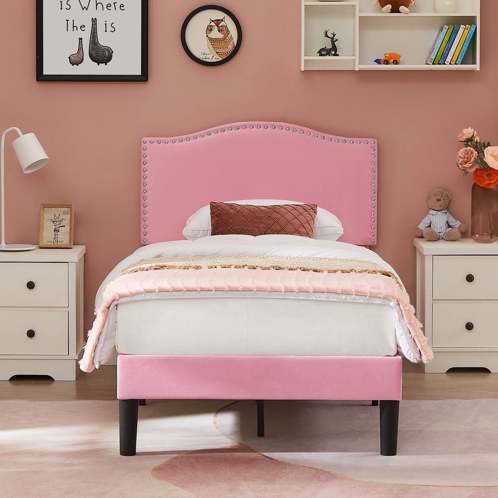 Twin Bed Frame, Platform Bed Frame with Adjustable Height Upholstered Headboa...