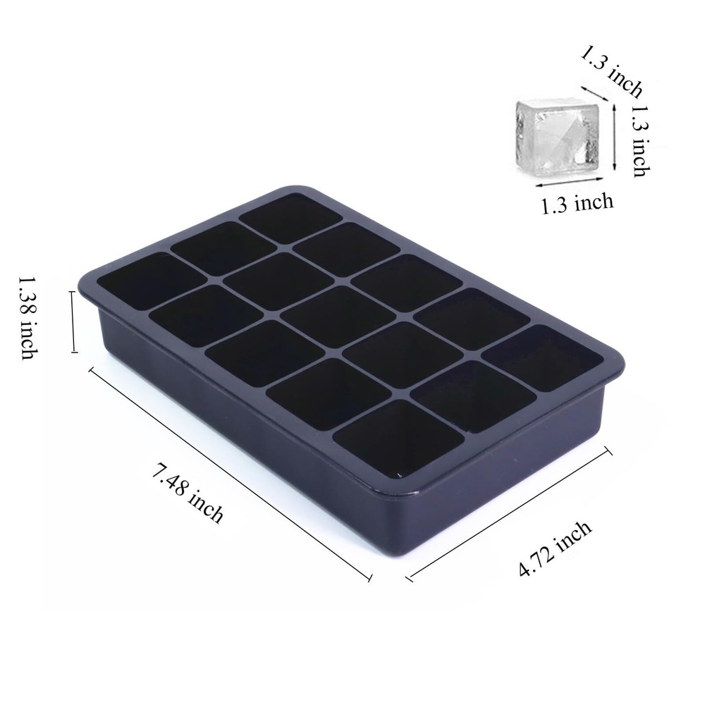 2 Pack 15-Cavity Silicone Ice Cube Trays Square Ice Cube Molds with Lids