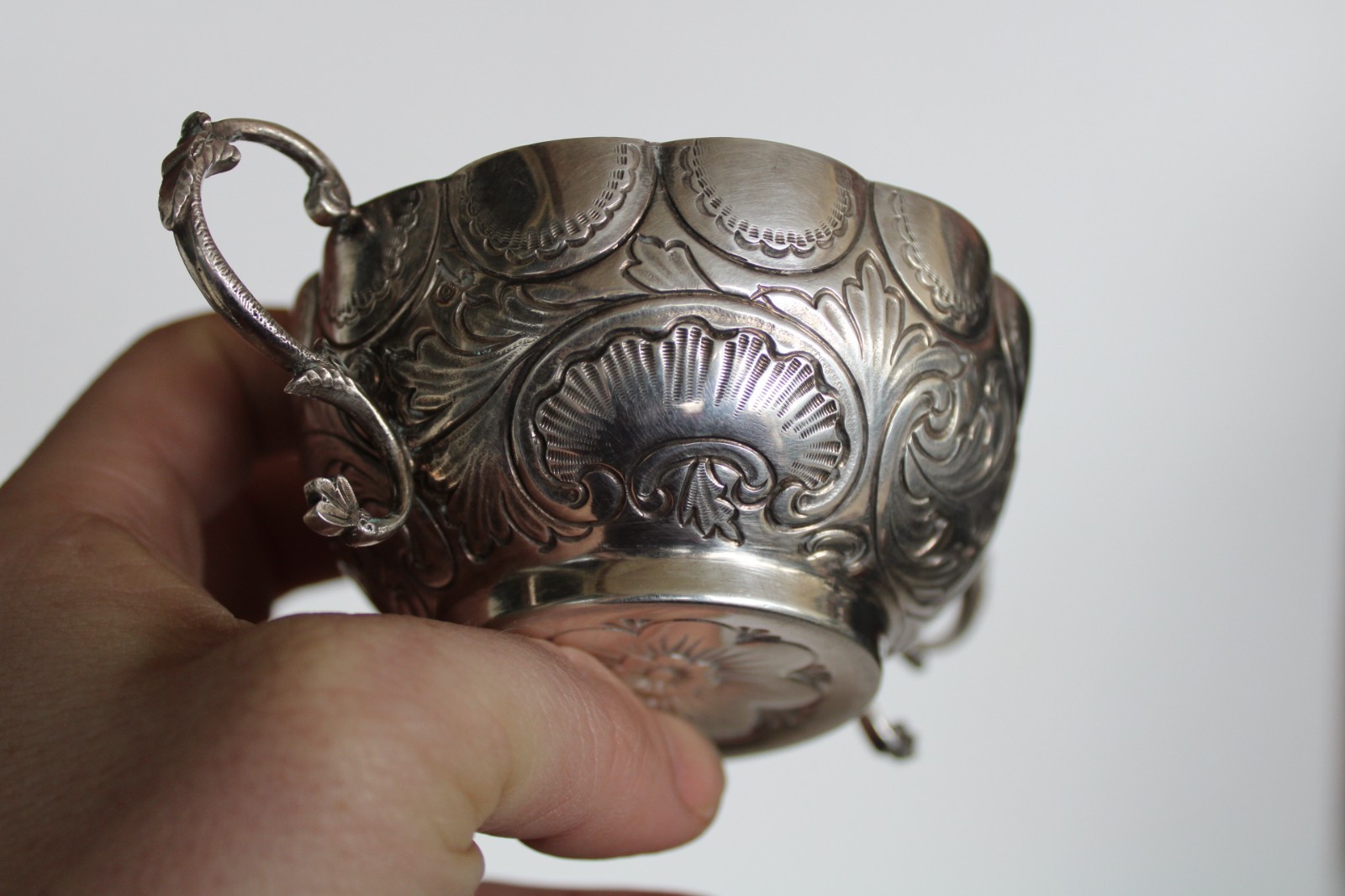 Antique 19th Century Silver Portuguese Bernegal Repousse Handled Religious Cup