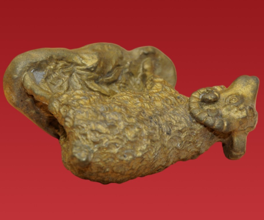 Vintage Chinese Gilt Brass Sheep - Detailed Wool Textured Goat Decor Art