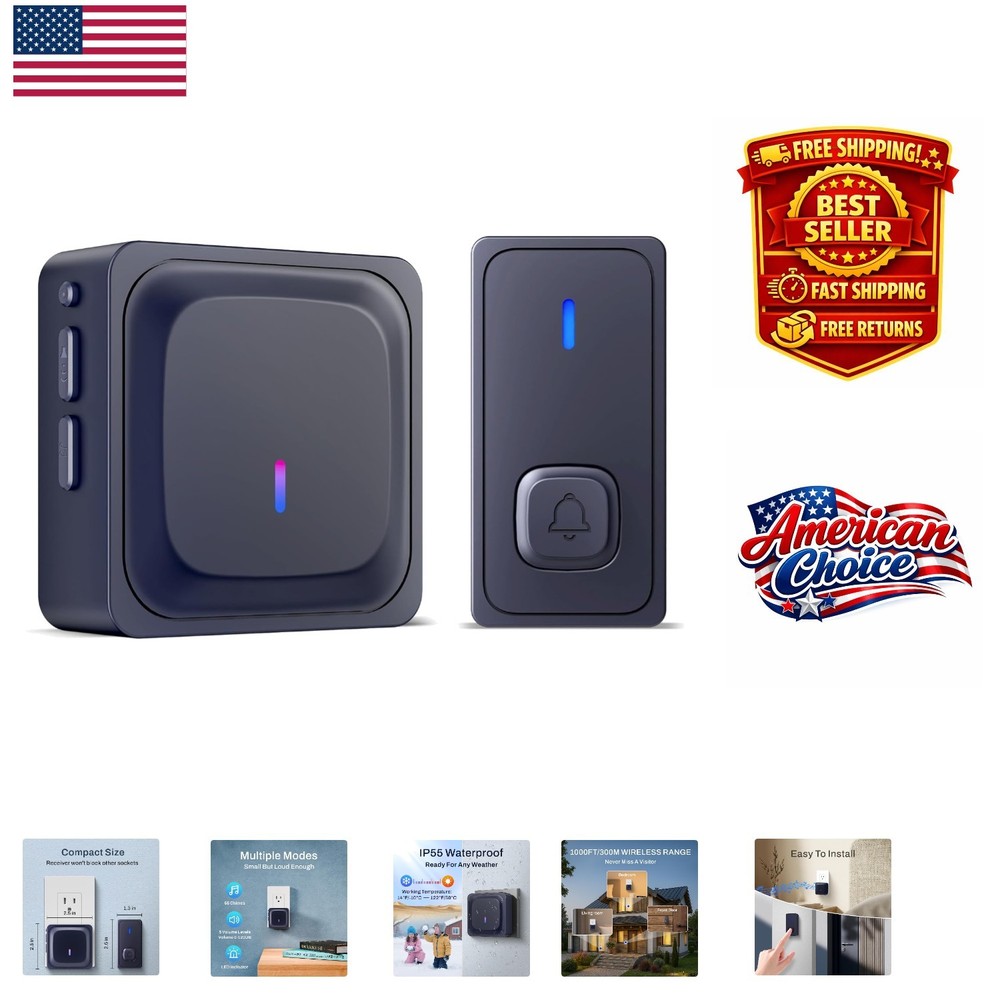 Waterproof Wireless Doorbell - 1000Ft Range, Adjustable Volume & Flash