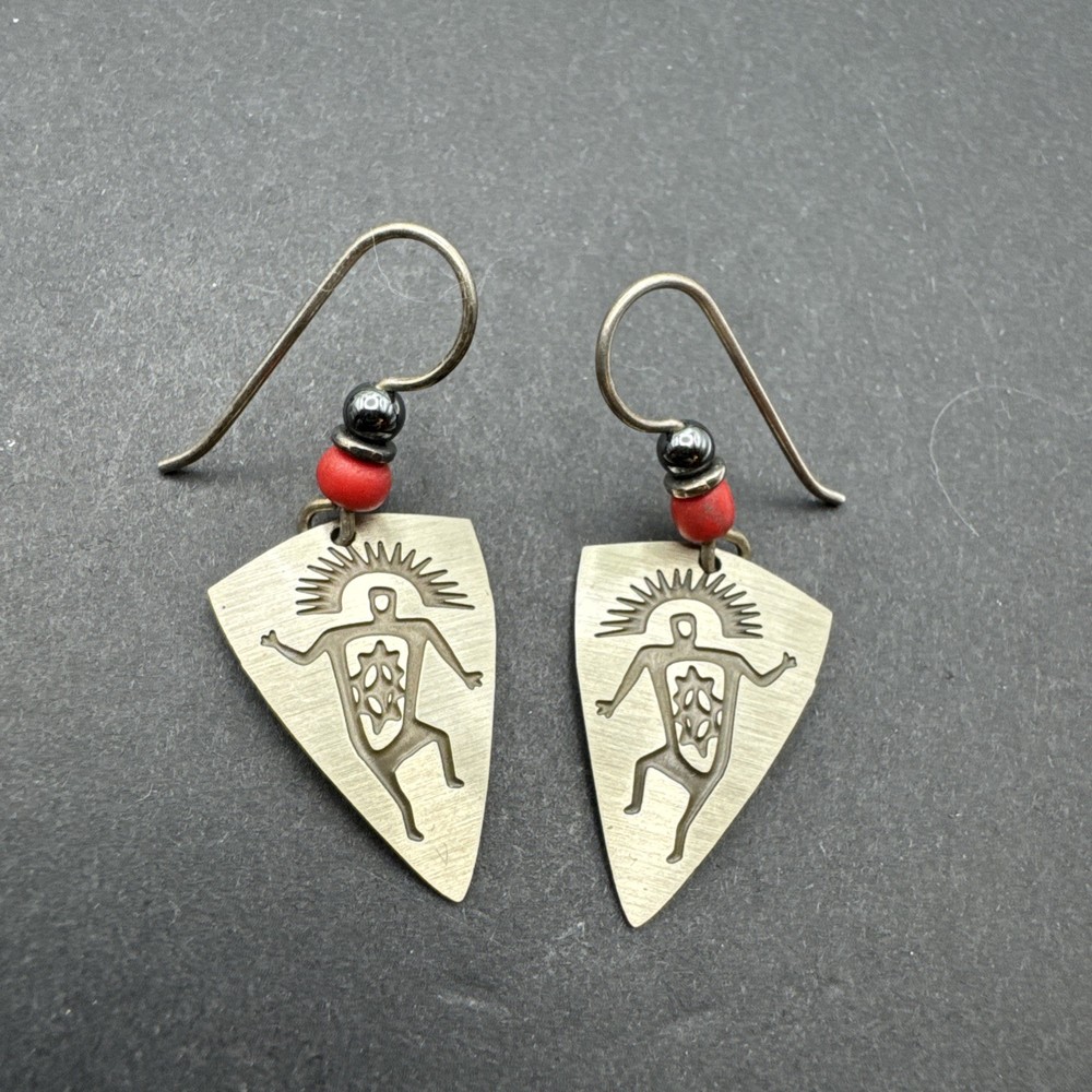 Native Inspired Dangle Drop 1.5” Earrings Silver Tone Red