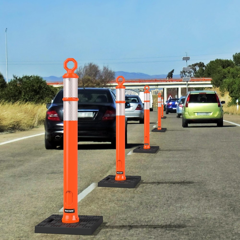 6 Pack 42 Inch Orange Traffic Delineator Posts with Reflective Collars and Ba...