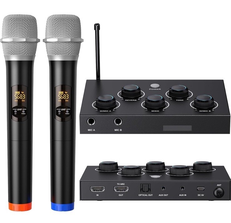 Portable Karaoke Microphone Mixer System Set, with Dual UHF Wireless Mic